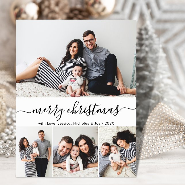 Stylish Script 4 Photo Collage Christmas Holiday Postcard (Creator Uploaded)