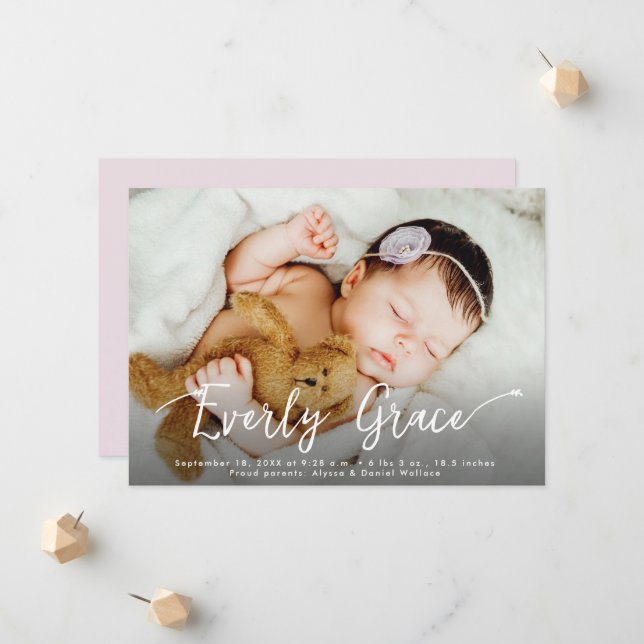 Stylish Script Baby Girl Name Photo Pink Birth Announcement (Front/Back In Situ)