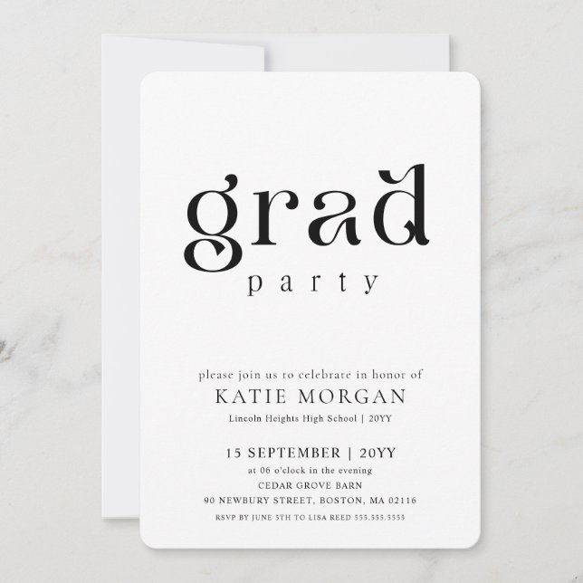 Stylish Script Black and White Grad Party Invitation (Front)