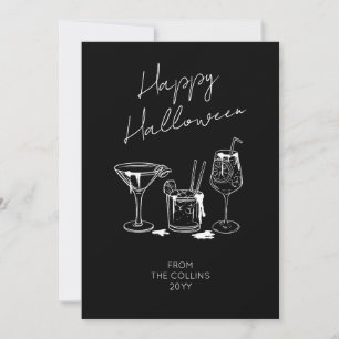 Stylish Script Black Cocktails Happy Halloween Holiday Card