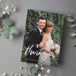 Stylish script bride & groom photo overlay wedding thank you card