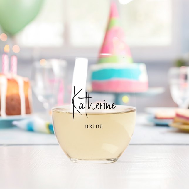 Stylish Script "Bride" Personalised Stemless Wine Glass (Insitu (Birthday))