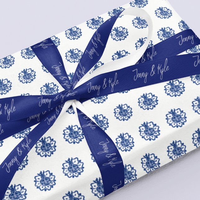Stylish Script Couple Names Navy Blue  Satin Ribbon (Creator Uploaded)