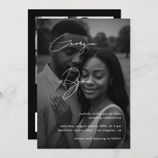 Stylish Script & Dark Faded Photo QR Code Wedding Invitation (Front/Back)