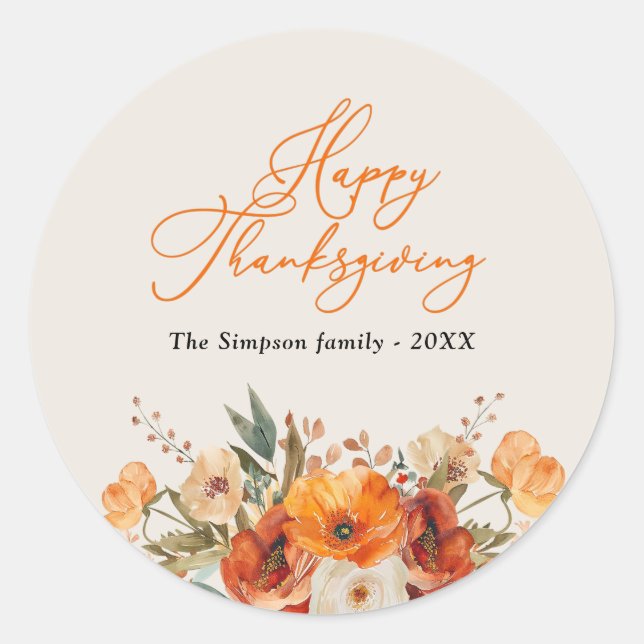stylish script fall floral happy thanksgiving  classic round sticker (Front)