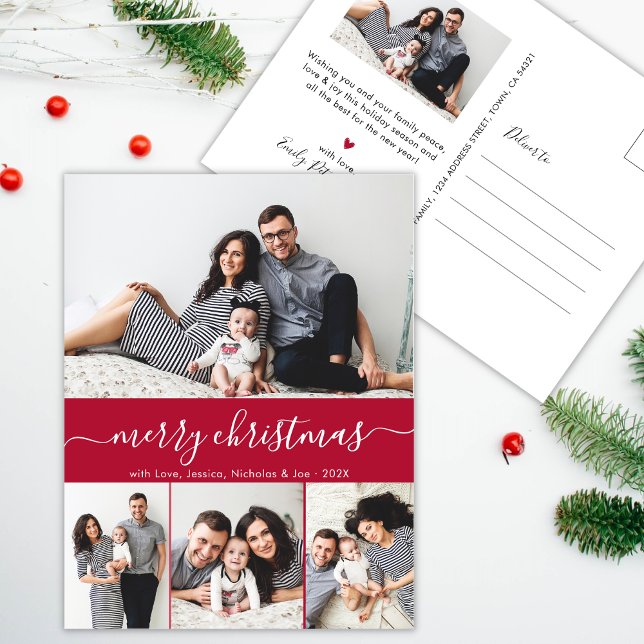 Stylish Script Family Photo Collage Red Christmas Postcard (Creator Uploaded)