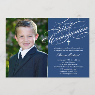 Stylish Script First Communion Invitation - Blue