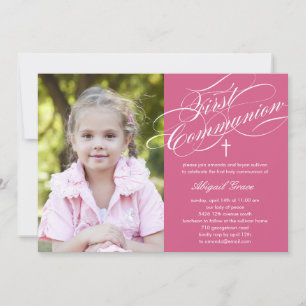 Stylish Script First Communion Invitation - Pink