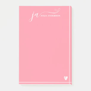Stylish Script Font Monogram Pink & White Post-it Notes