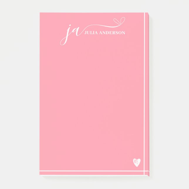 Stylish Script Font Monogram Pink & White Post-it Notes (Front)