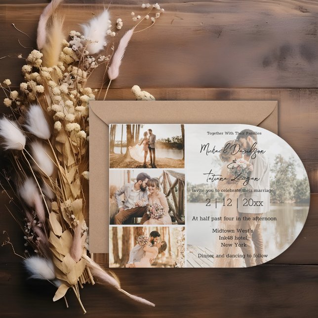stylish script four photos collage arch wedding  invitation (Creator Uploaded)