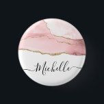 stylish script gold and blush agate personalised  3 cm round badge<br><div class="desc">personalised lettering design on a gold and blush agate marble watercolor. The monogram text can be personalised.</div>