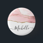 stylish script gold and blush agate personalised  3 cm round badge<br><div class="desc">personalised lettering design on a gold and blush agate marble watercolor. The monogram text can be personalised.</div>