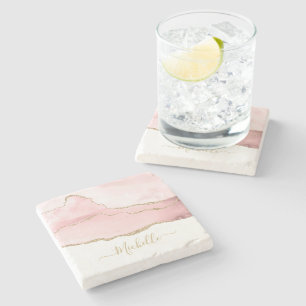stylish script gold and blush agate stone coaster
