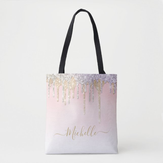 stylish script gold and silver glitter tote bag (Front)