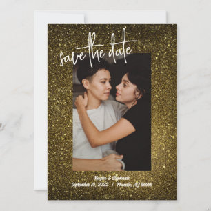 Stylish Script Gold Glitter Personalised Photo Save The Date
