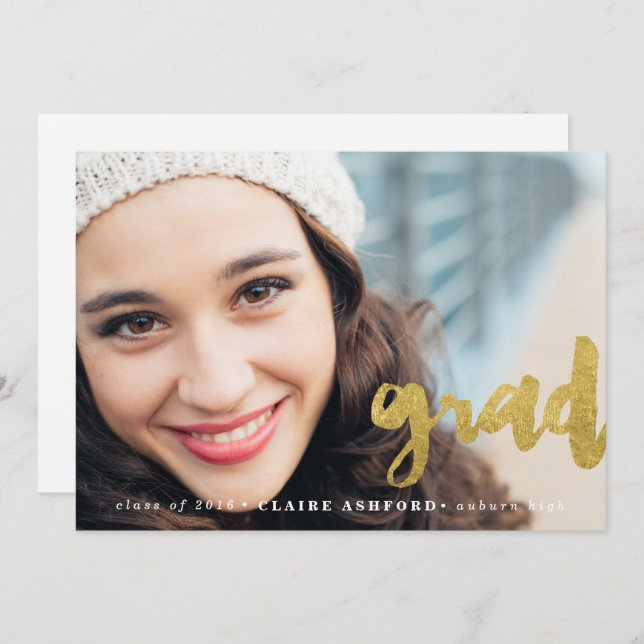 Stylish Script Gold Graduation Photo Invitation (Front/Back)