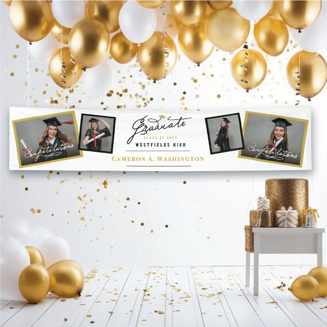 Stylish Script Graduate 4 Photo Graduation Party Banner (Stylish Handwriting Script Graduate Photo Graduation Party Banner @ www.zazzle.com/color_therapy)