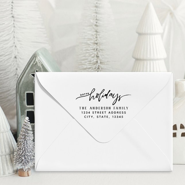 Stylish Script Happy Holidays Family Name Address Self-inking Stamp (Creator Uploaded)