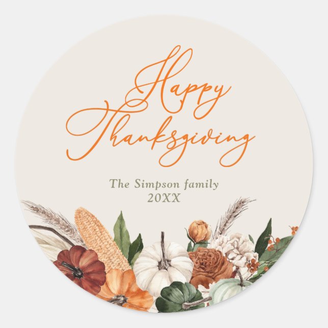 stylish script happy thanksgiving  classic round sticker (Front)
