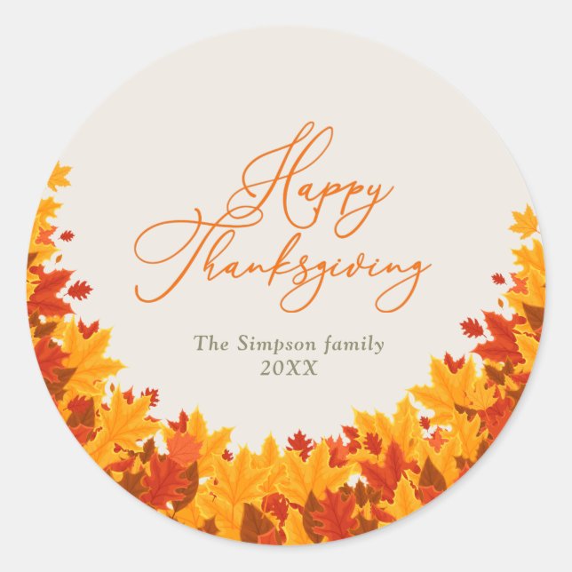 stylish script happy thanksgiving fall leaves classic round sticker (Front)
