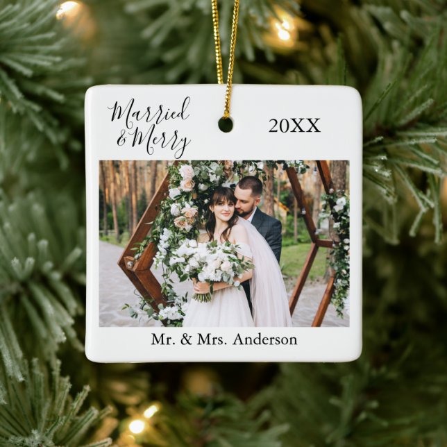 Stylish Script Married and Merry Wedding Photo Ceramic Ornament (Tree)