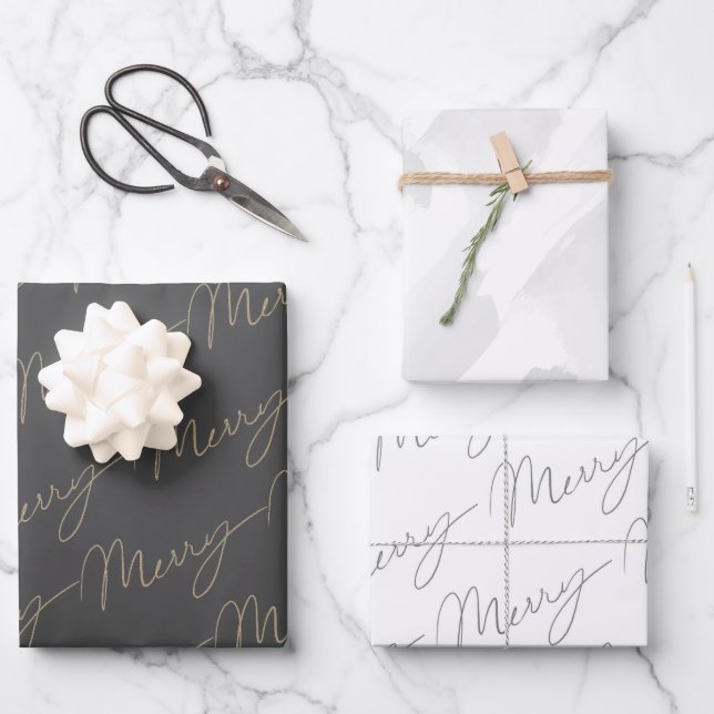 Stylish Script Merry & Watercolor Grey Wrapping Paper Sheet (Front)