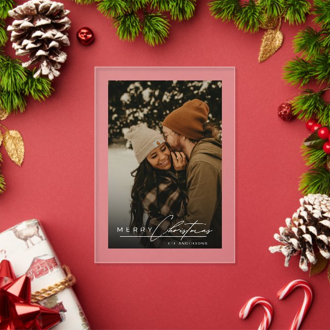 Stylish Script Minimalist 1 Photo Christmas Card Acrylic Invitations (Insitu (Holiday))