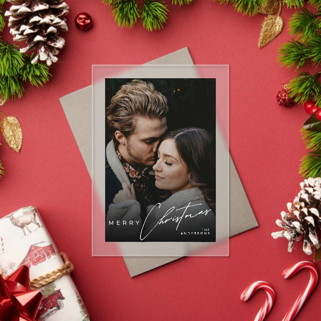 Stylish Script Minimalist 1 Photo Christmas Card Acrylic Invitations (Insitu (Holiday))