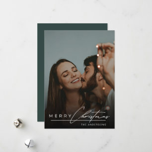 Stylish Script Minimalist 1 Photo Green Christmas Holiday Card