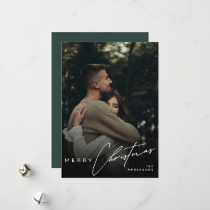 Stylish Script Minimalist 1 Photo Green Christmas Holiday Card