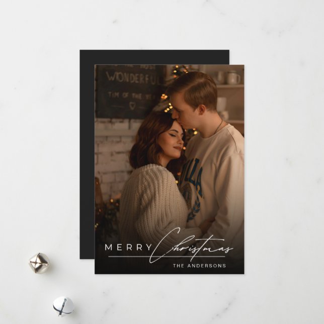 Stylish Script Minimalist 1 Photo Merry Christmas Holiday Card (Front/Back In Situ)