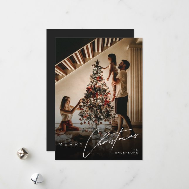 Stylish Script Minimalist 1 Photo Merry Christmas Holiday Card (Front/Back In Situ)