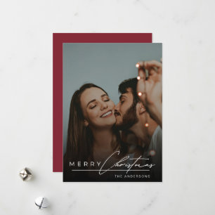 Stylish Script Minimalist 1 Photo Red Christmas Holiday Card