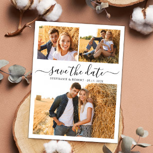 Stylish Script Modern 3 Photo Collage Wedding Save The Date