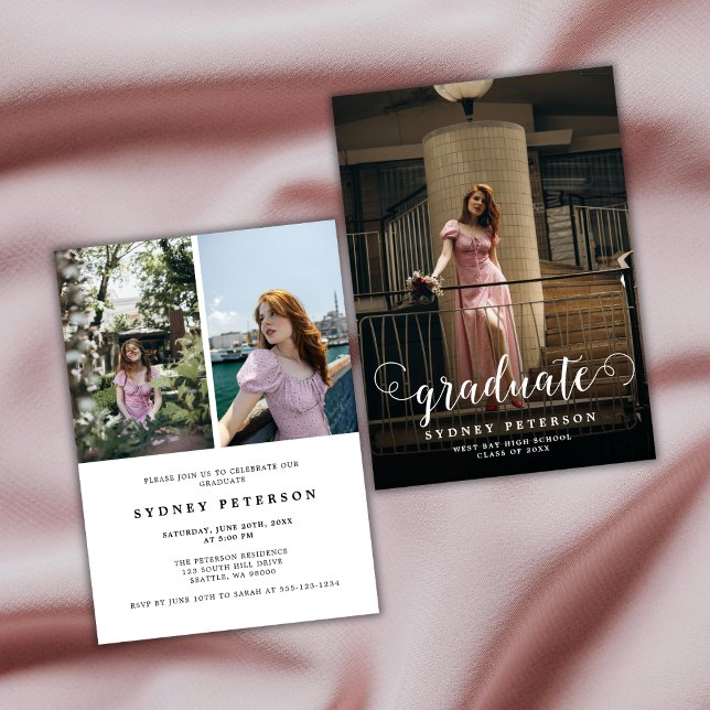 Stylish Script Modern 3 Photo Graduation Party Invitation (Creator Uploaded)