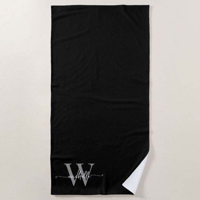 Stylish Script Modern Black Grey Monogram Name Beach Towel (Front)