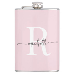 Stylish Script Modern Blush Pink Monogram Name Hip Flask