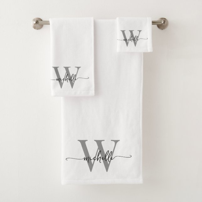 Stylish Script Modern White Grey Monogram Name Bath Towel Set (Insitu)