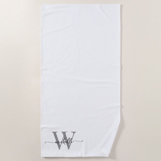 Stylish Script Modern White Grey Monogram Name Beach Towel (Front)