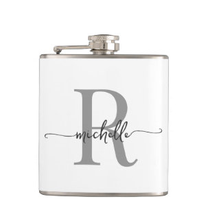 Stylish Script Modern White Grey Monogram Name Hip Flask
