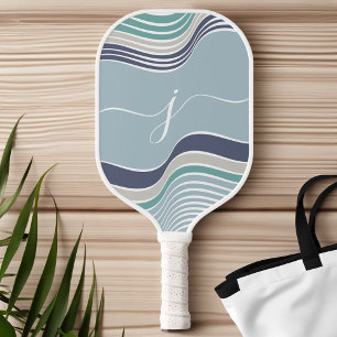 Stylish Script Monogram Abstract Retro Blue Wavy Pickleball Paddle