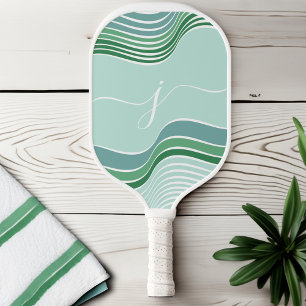 Stylish Script Monogram Abstract Retro Green Wavy Pickleball Paddle