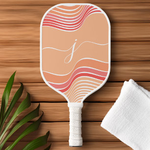 Stylish Script Monogram Abstract Retro Pink Wavy Pickleball Paddle
