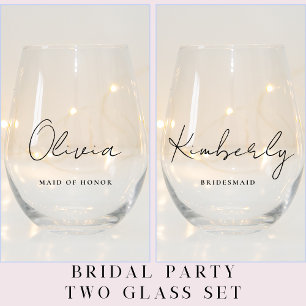 Stylish Script Monogram Bridal Party Stemless Wine Glass