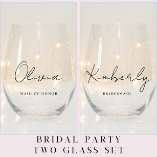 Stylish Script Monogram Bridal Party Stemless Wine Glass