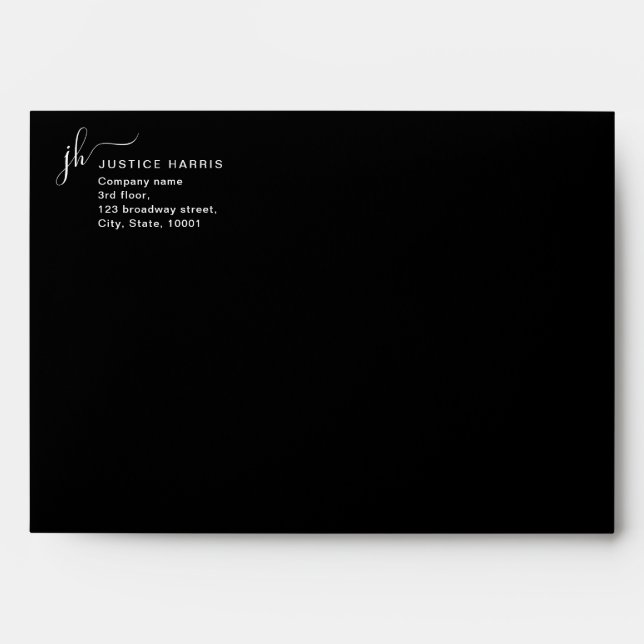 Stylish Script Monogram Modern Professional Black Envelope (Front)