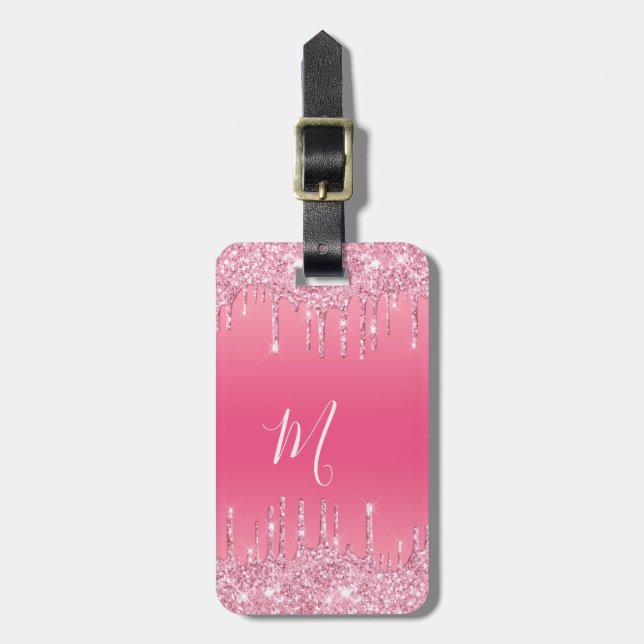 Stylish Script Monogrammed Pink Glitter Dripping Luggage Tag (Front Vertical)