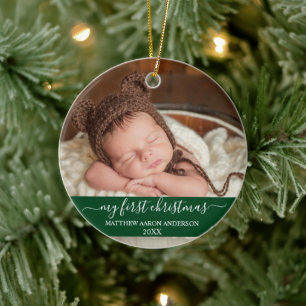 Stylish Script My First Christmas Baby Green Ceramic Tree Decoration