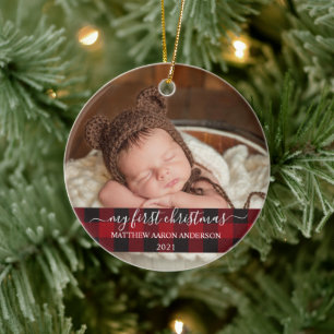 Stylish Script My First Christmas Baby Plaid Ceramic Tree Decoration